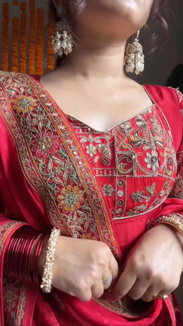 Designer Red Anarkali Set for Farewell & Sangeet - 52 Inch Floor Length Suit