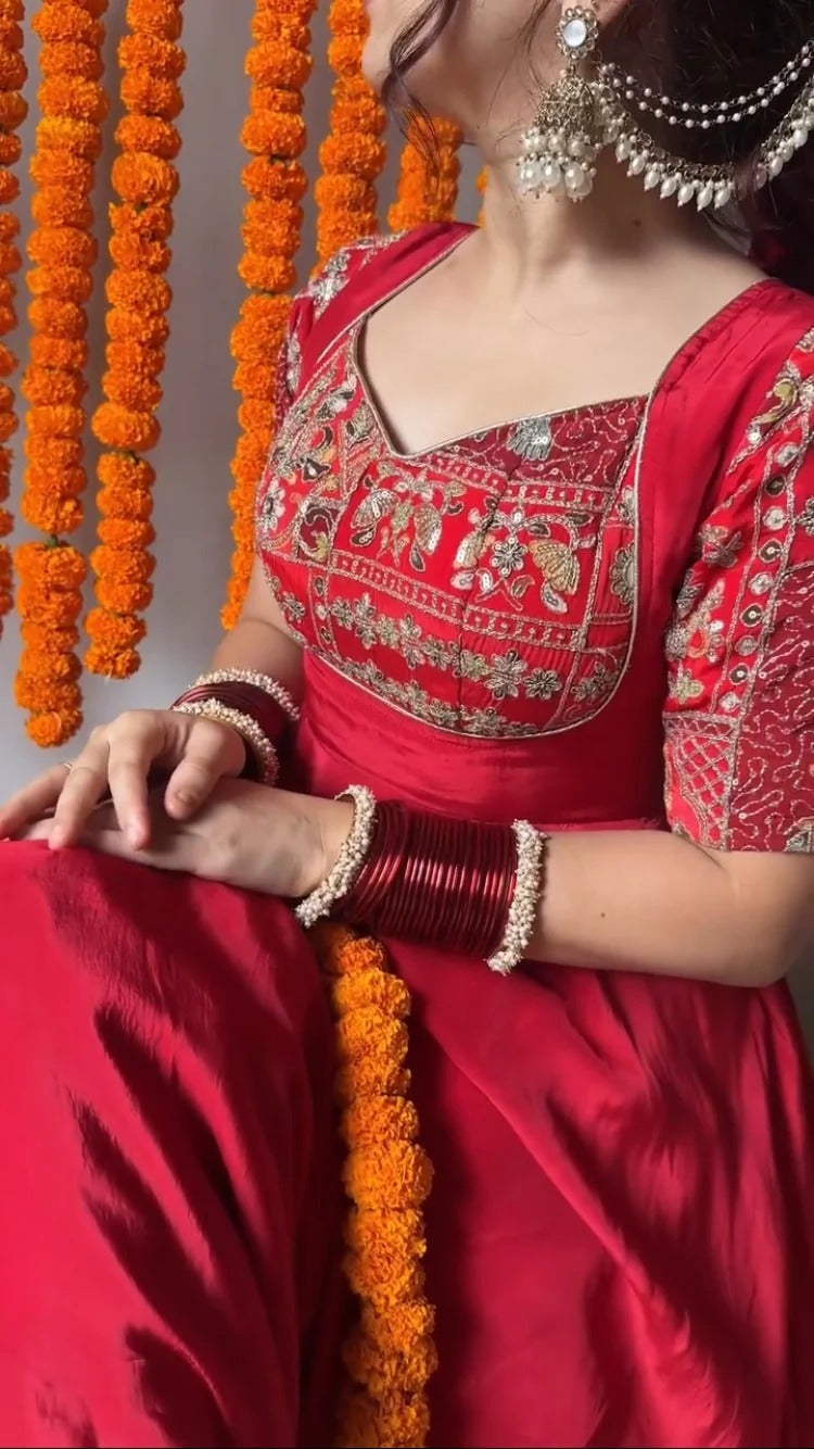 Designer Red Anarkali Set for Farewell & Sangeet - 52 Inch Floor Length Suit