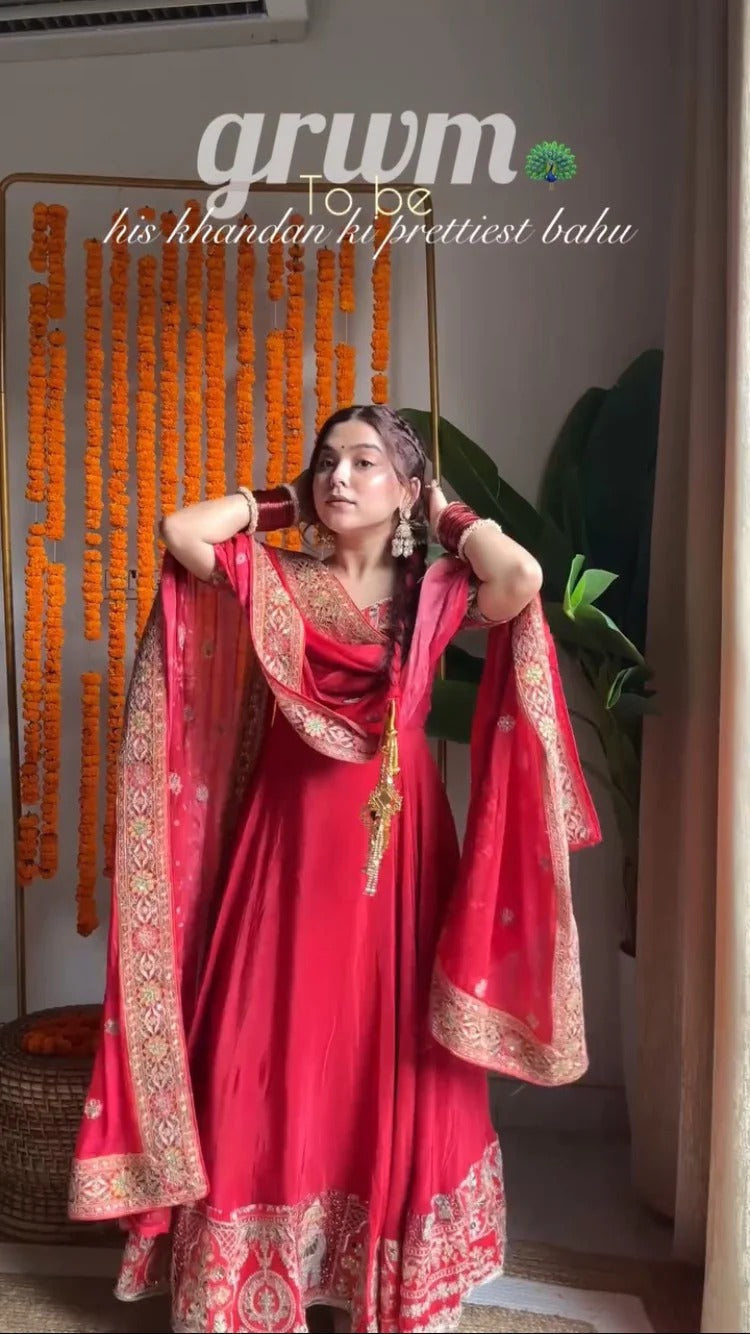 Designer Red Anarkali Set for Farewell & Sangeet - 52 Inch Floor Length Suit