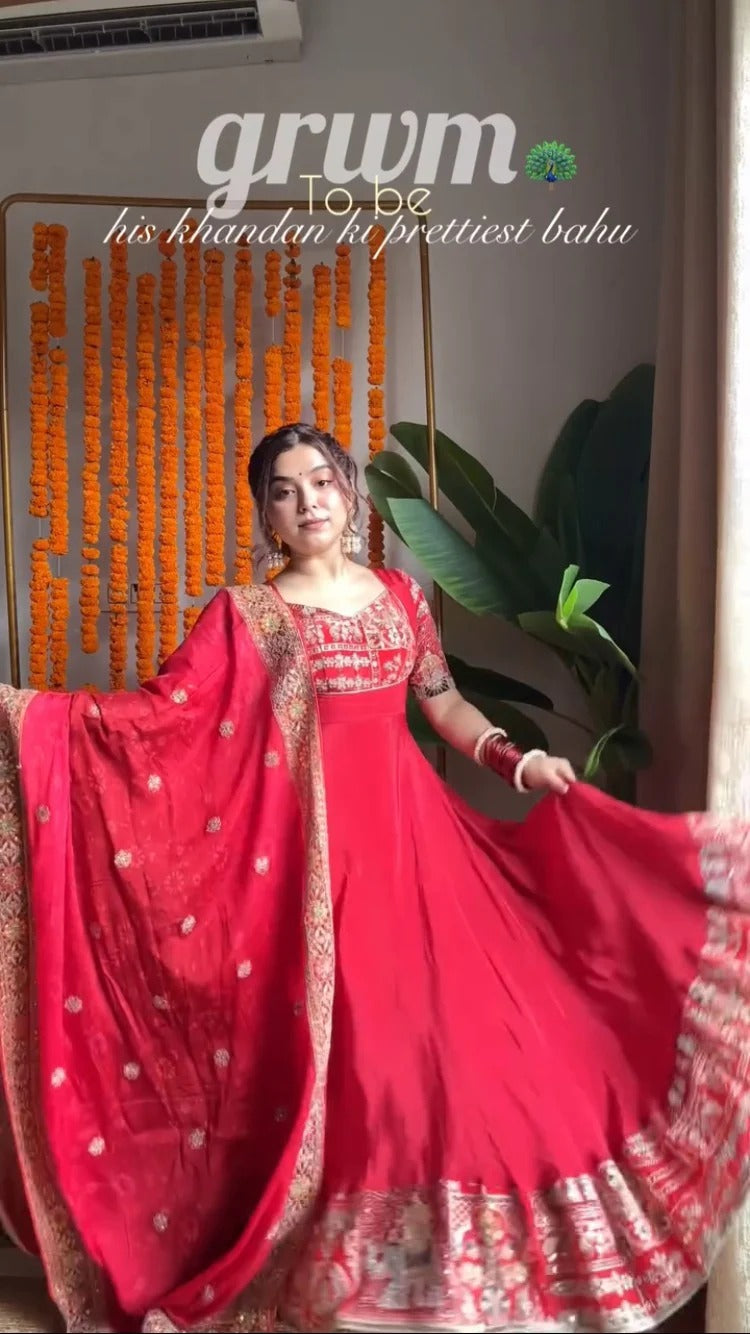 Designer Red Anarkali Set for Farewell & Sangeet - 52 Inch Floor Length Suit