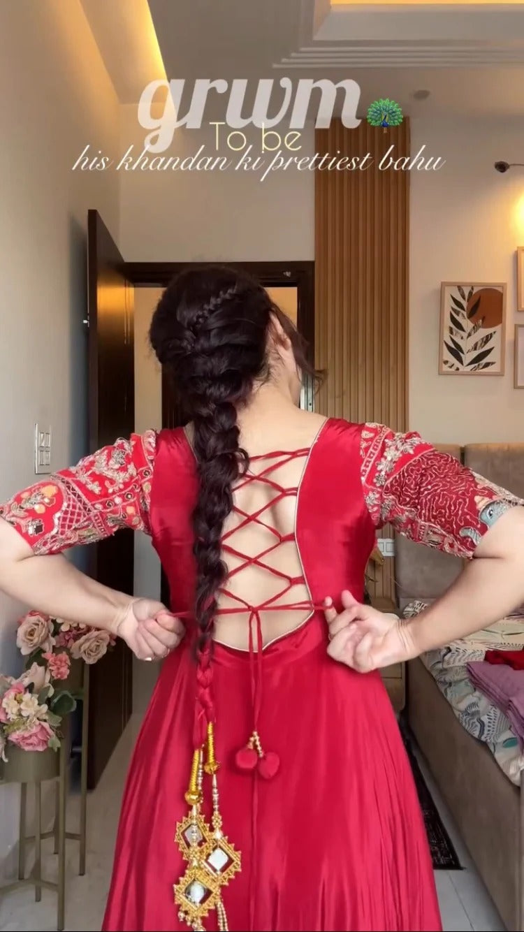 Designer Red Anarkali Set for Farewell & Sangeet - 52 Inch Floor Length Suit
