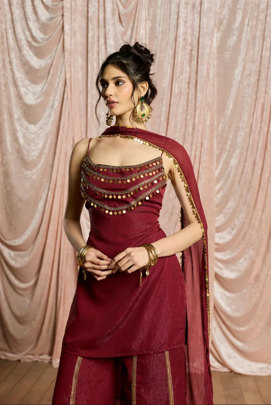 Wine Red Sharara Suit Set for Women | Shimmer Chiffon Coin Embellished Kurta with Dupatta | Wedding, Sangeet, Farewell & Party Wear