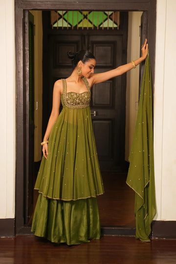 Wedding & Party Wear Mint Mehendi Green Anarkali With Sharara Set For –  INDIAN ELEGANCE