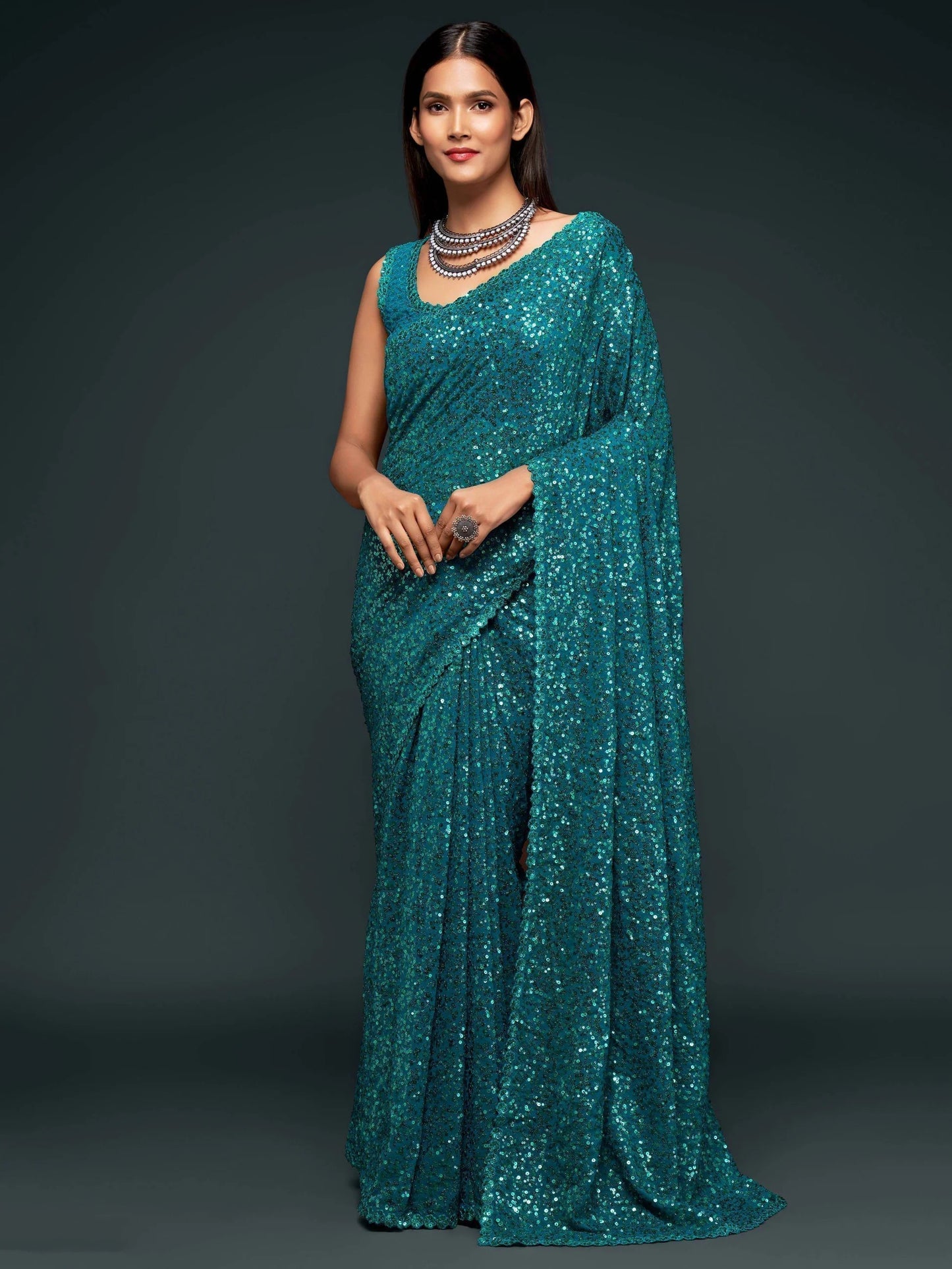 Fancy Reception Wear Teal Blue Sequin Georgette Saree