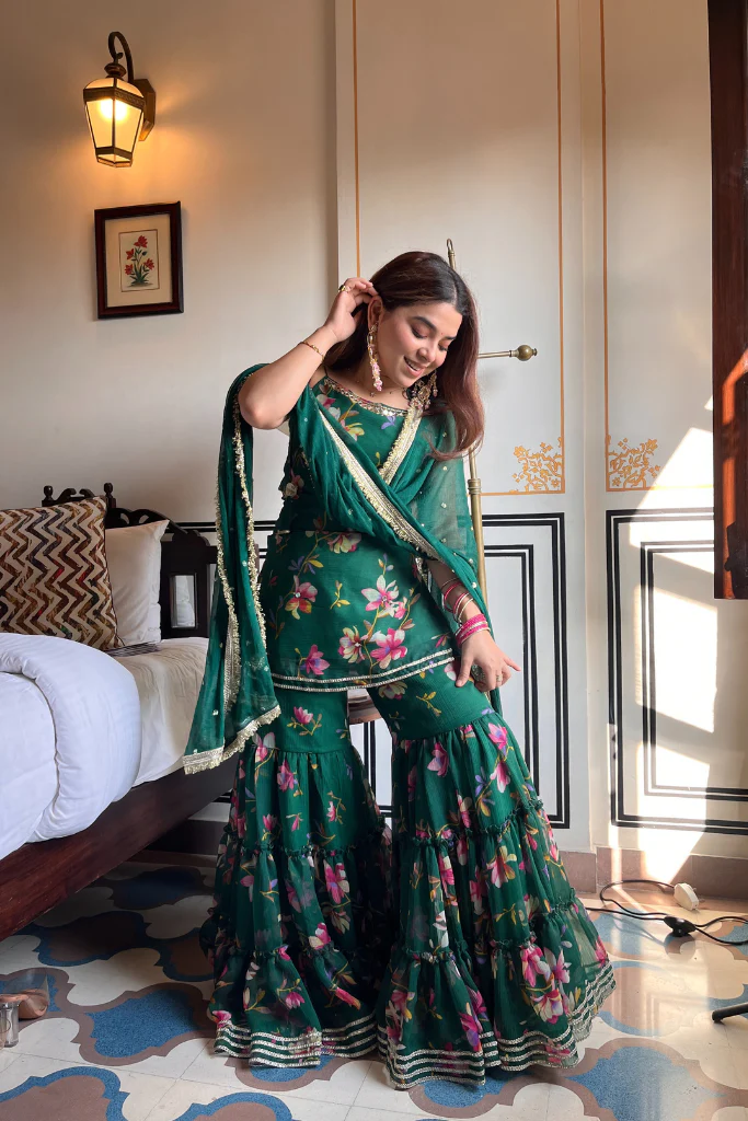 Trendy Floral Hand Printed Green Sharara Set with Dupatta