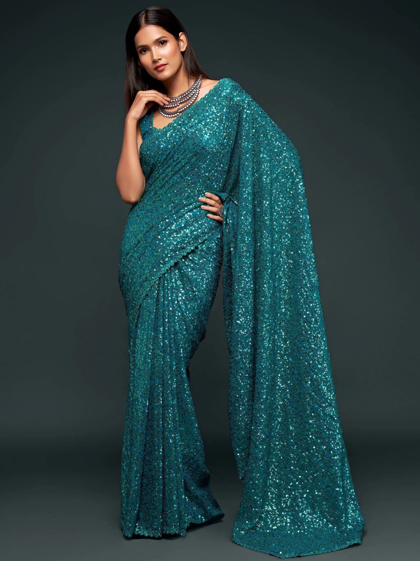 Fancy Reception Wear Teal Blue Sequin Georgette Saree