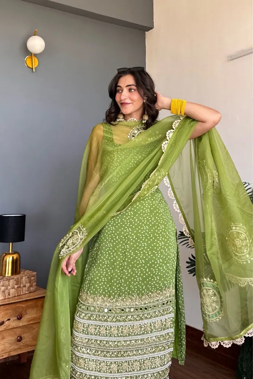 Designer Olive Green Georgette Embroidered Sequins & Moti Work Salwar suit for Women