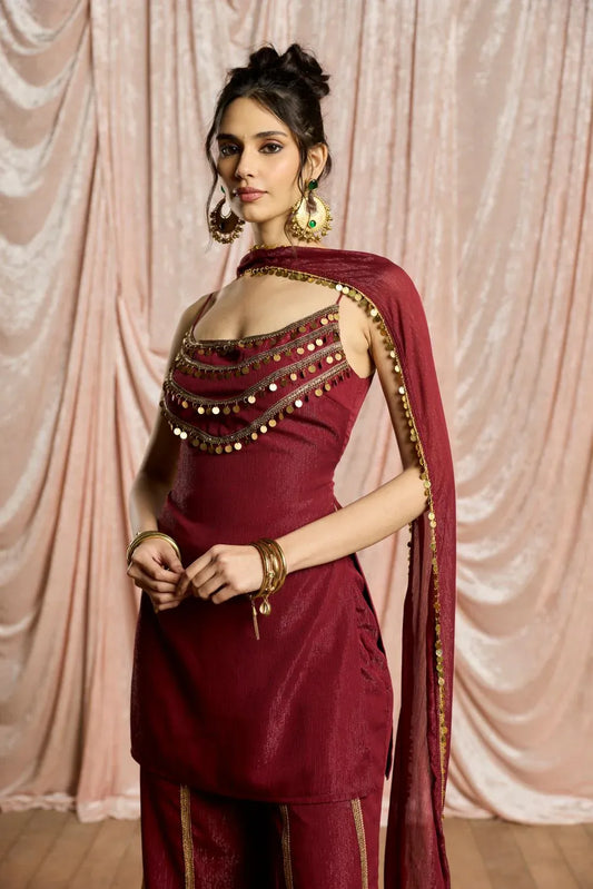 Wine Red Sharara Suit Set for Women | Shimmer Chiffon Coin Embellished Kurta with Dupatta | Wedding, Sangeet, Farewell & Party Wear