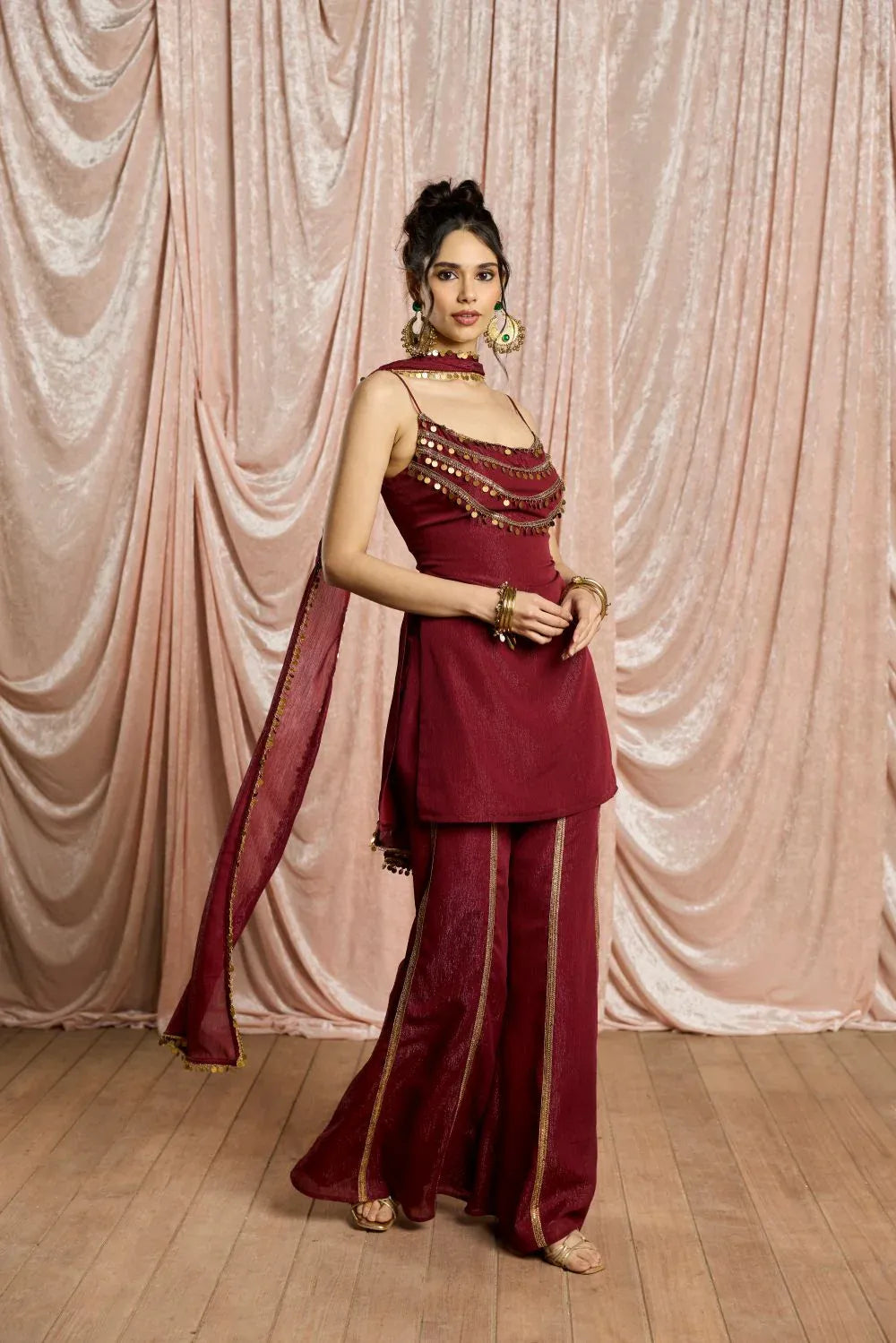 Wine Red Sharara Suit Set for Women | Shimmer Chiffon Coin Embellished Kurta with Dupatta | Wedding, Sangeet, Farewell & Party Wear
