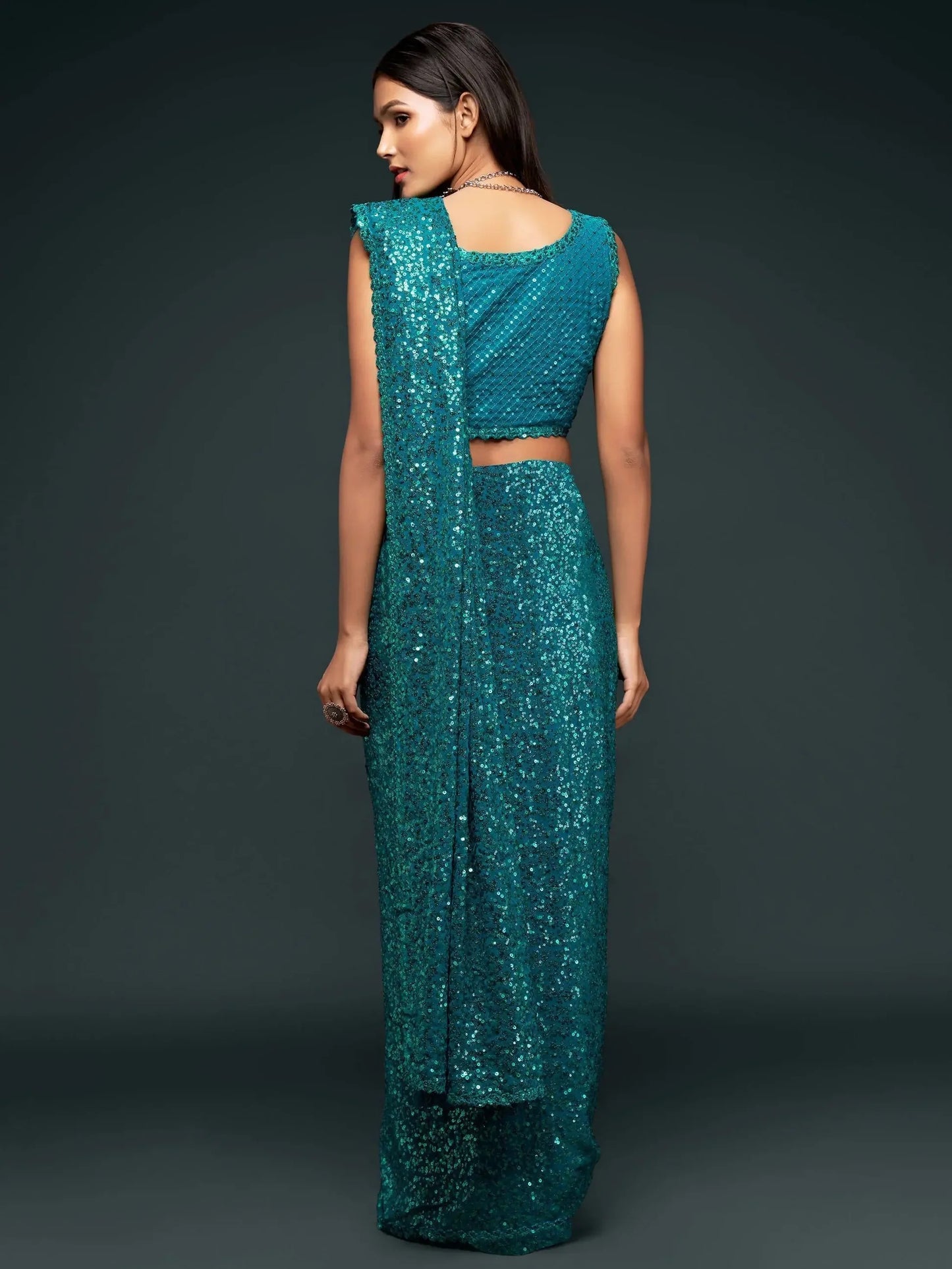 Fancy Reception Wear Teal Blue Sequin Georgette Saree
