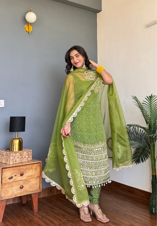 Designer Olive Green Georgette Embroidered Sequins & Moti Work Salwar suit for Women