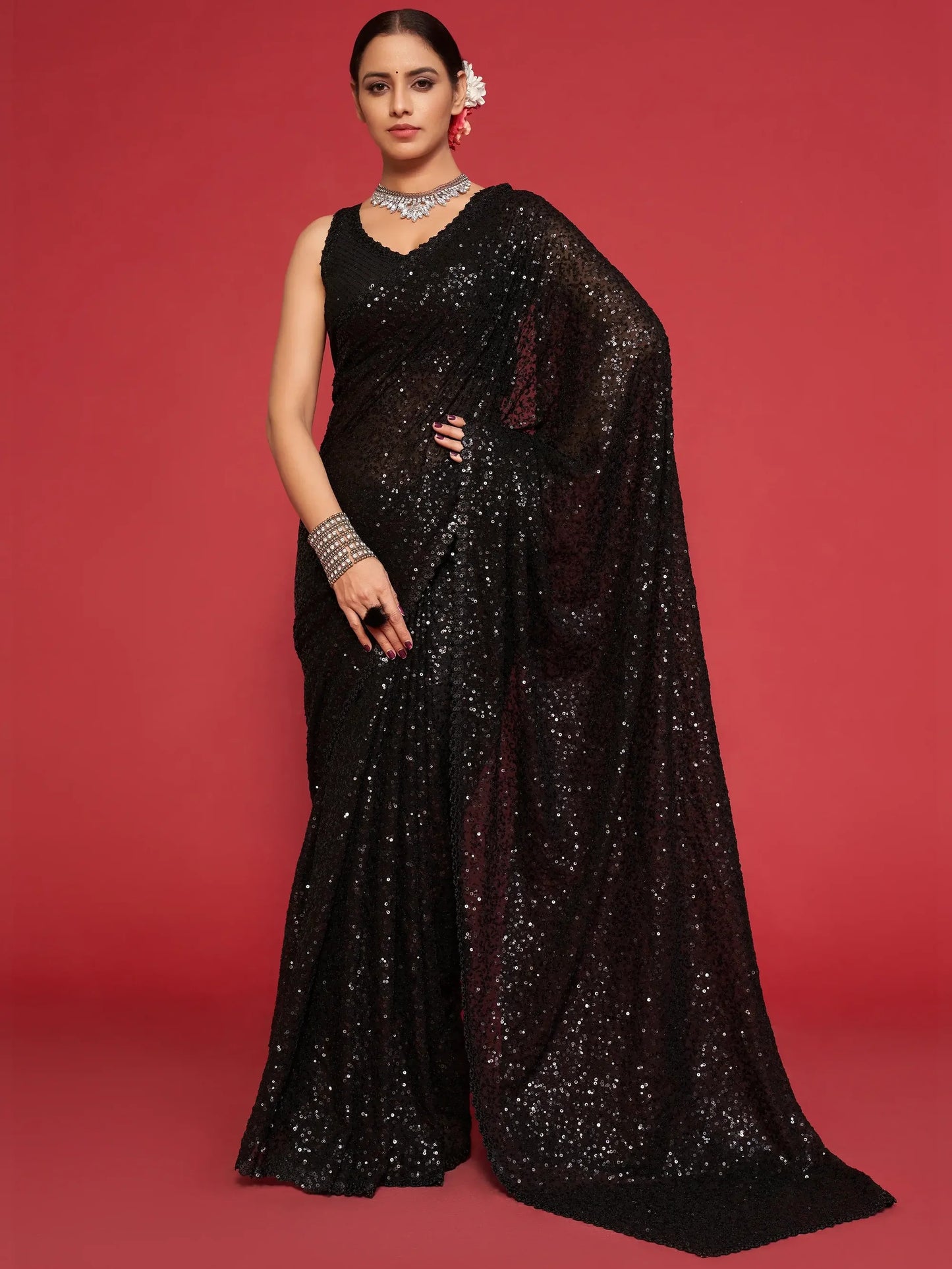 Black Sequined Georgette Party Wear Saree