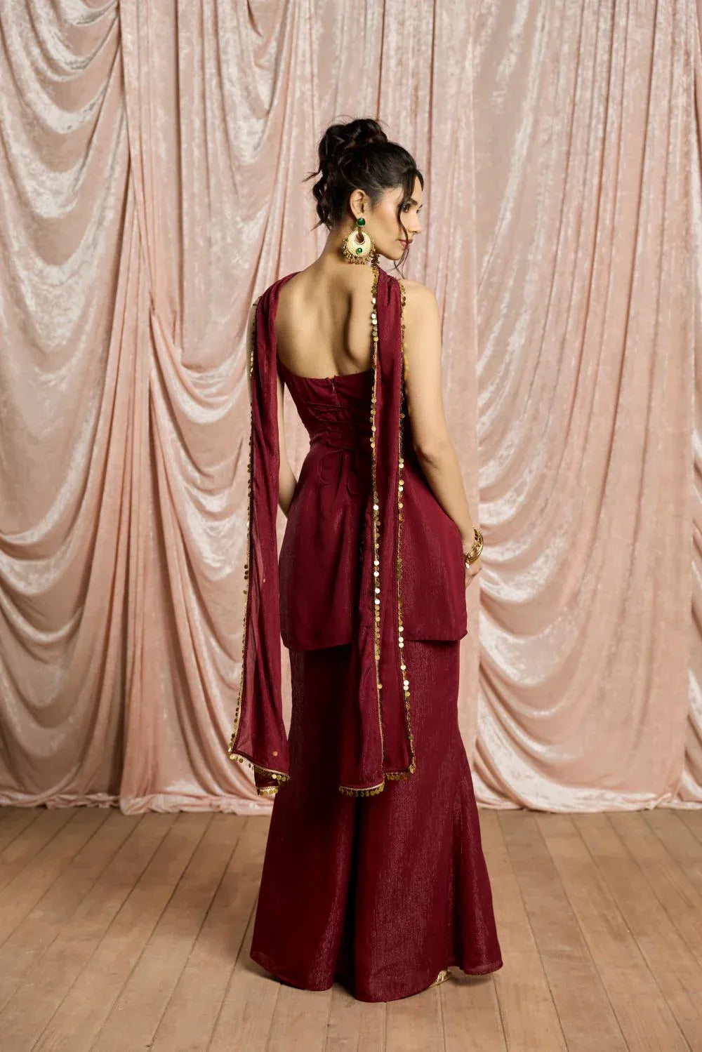 Wine Red Sharara Suit Set for Women | Shimmer Chiffon Coin Embellished Kurta with Dupatta | Wedding, Sangeet, Farewell & Party Wear