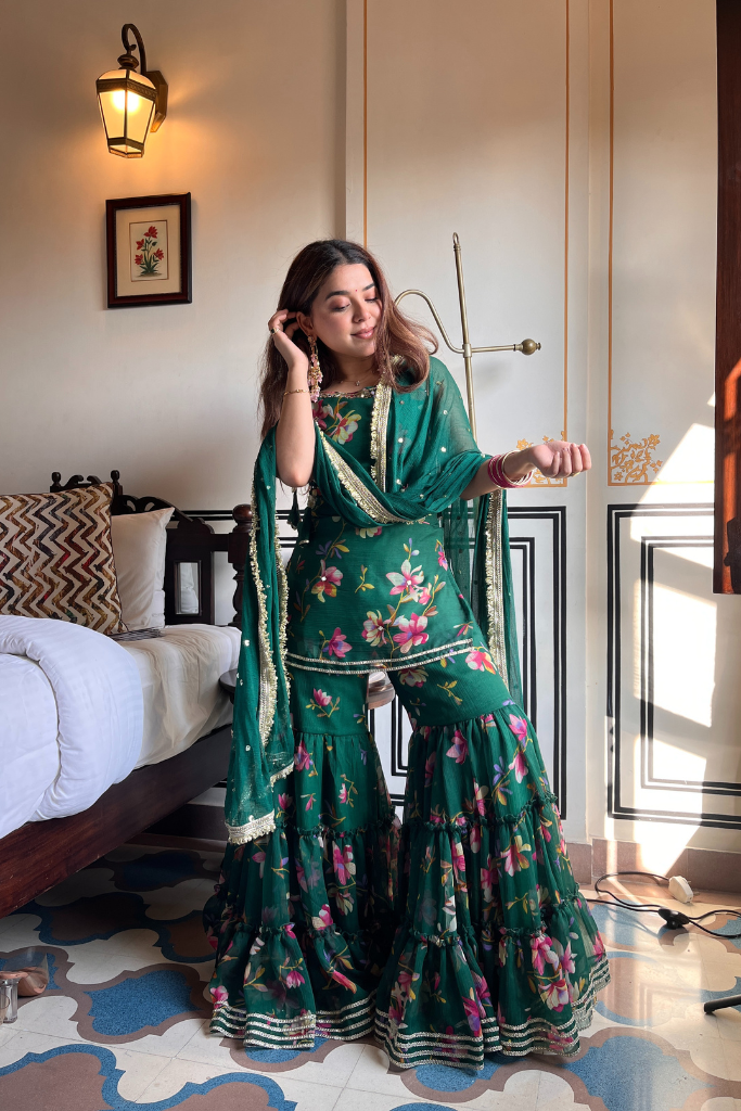Trendy Floral Hand Printed Green Sharara Set with Dupatta