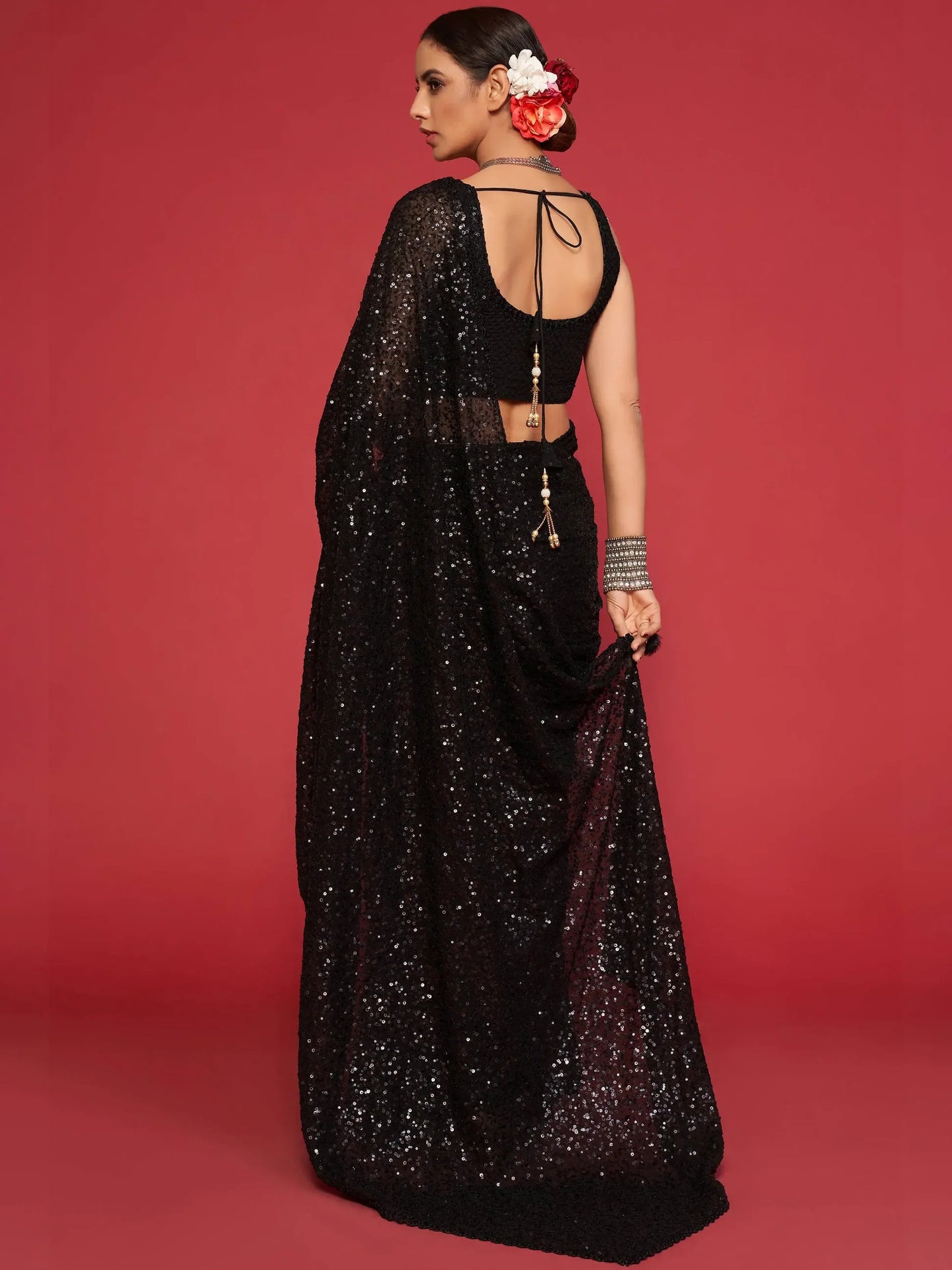 Black Sequined Georgette Party Wear Saree