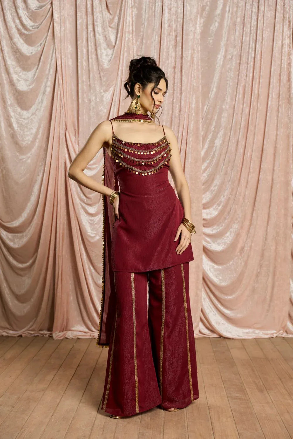 Wine Red Sharara Suit Set for Women | Shimmer Chiffon Coin Embellished Kurta with Dupatta | Wedding, Sangeet, Farewell & Party Wear