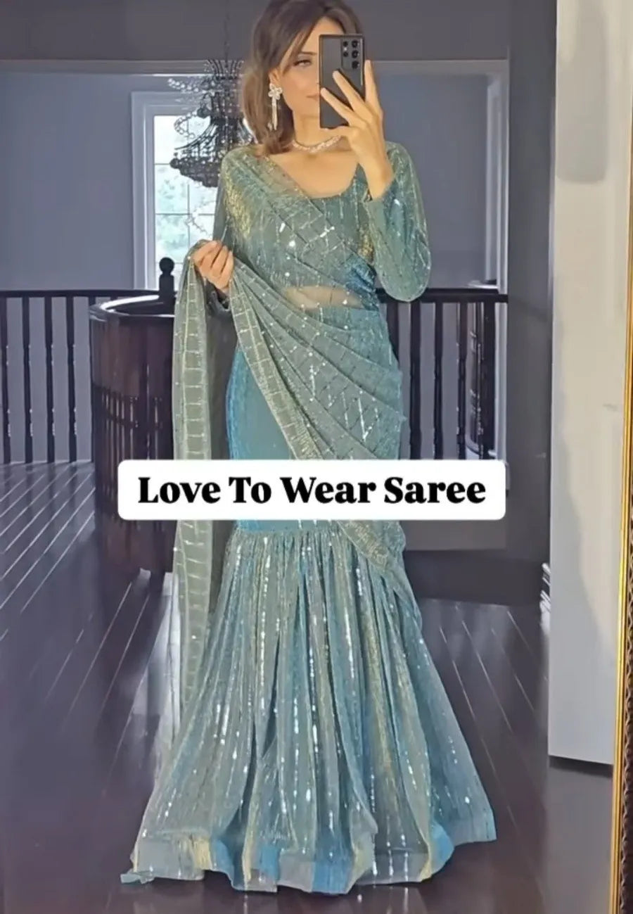 Party Wear Ready To Wear Soft Green & Silver Fish Cut Lehenga Saree