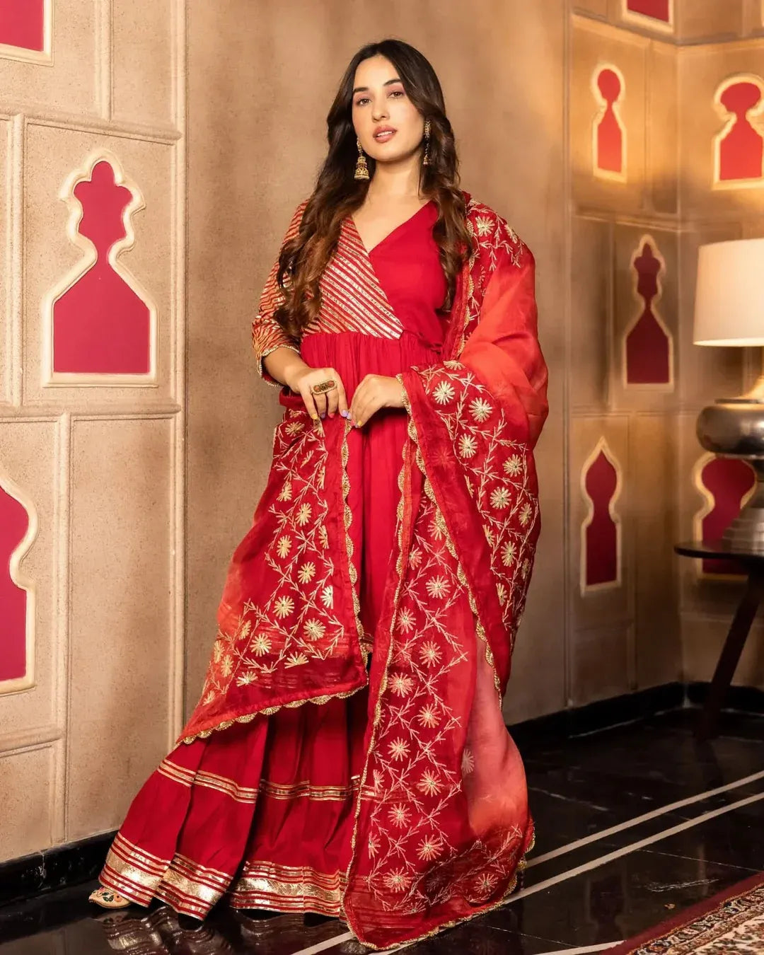Festive & Wedding Wear Maroon Gota Work Anarkali Sharara Suit Set for Women