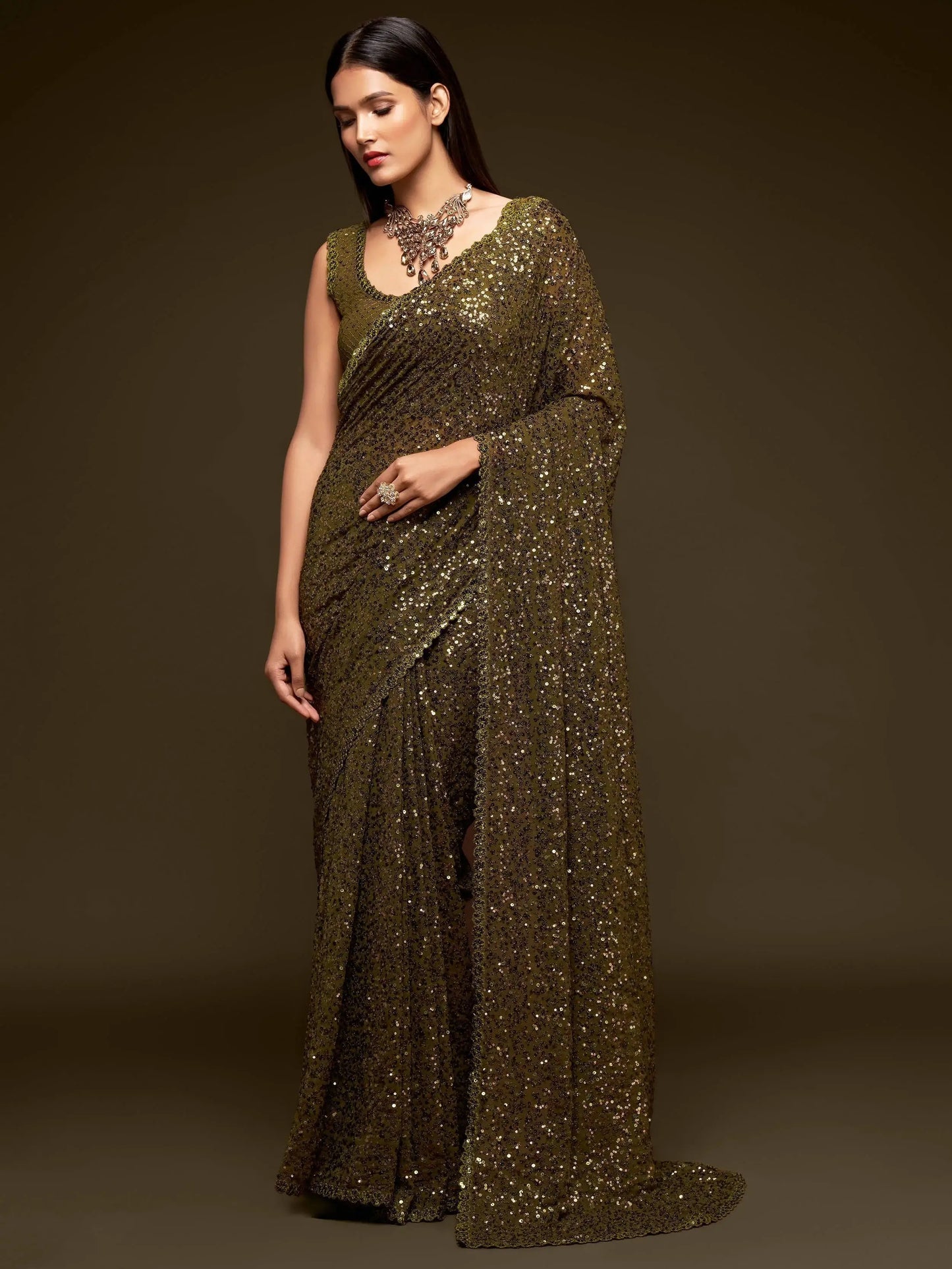 Stylish Olive Green Sequin Saree for Parties & Festive Wear