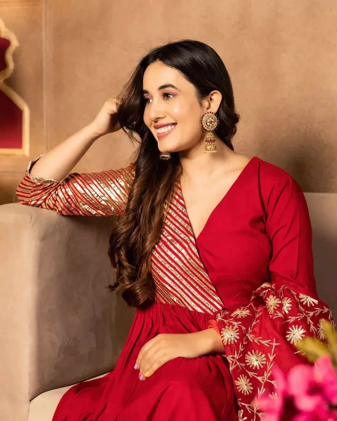 Festive & Wedding Wear Maroon Gota Work Anarkali Sharara Suit Set for Women