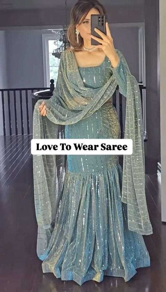 Party Wear Ready To Wear Soft Green & Silver Fish Cut Lehenga Saree