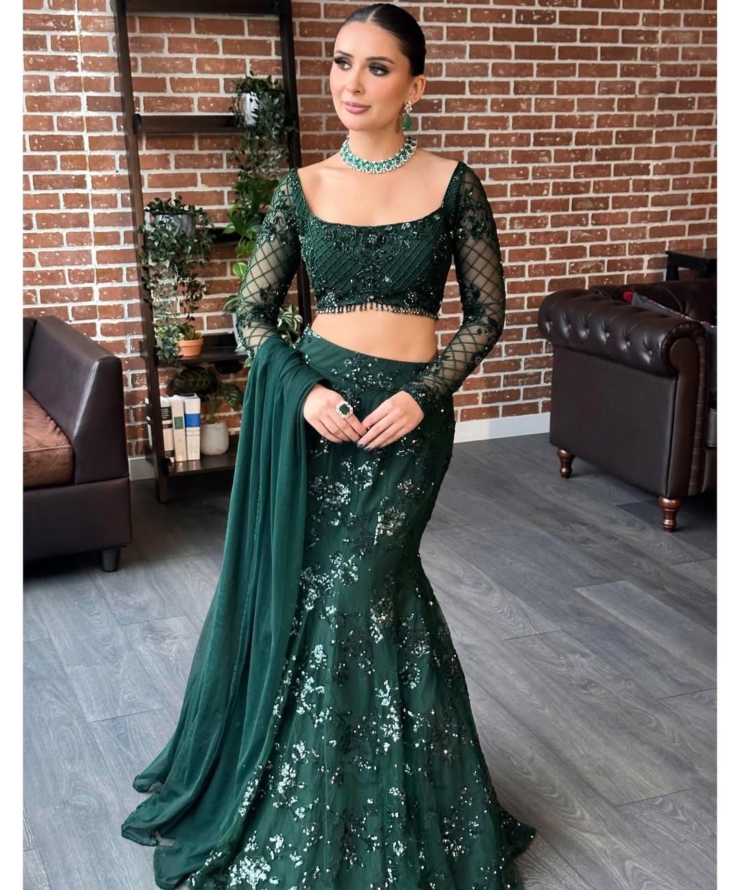 Party Wear 90s Retro Bollywood Style Fish Cut Green Sequin Net Lehenga Choli For Women