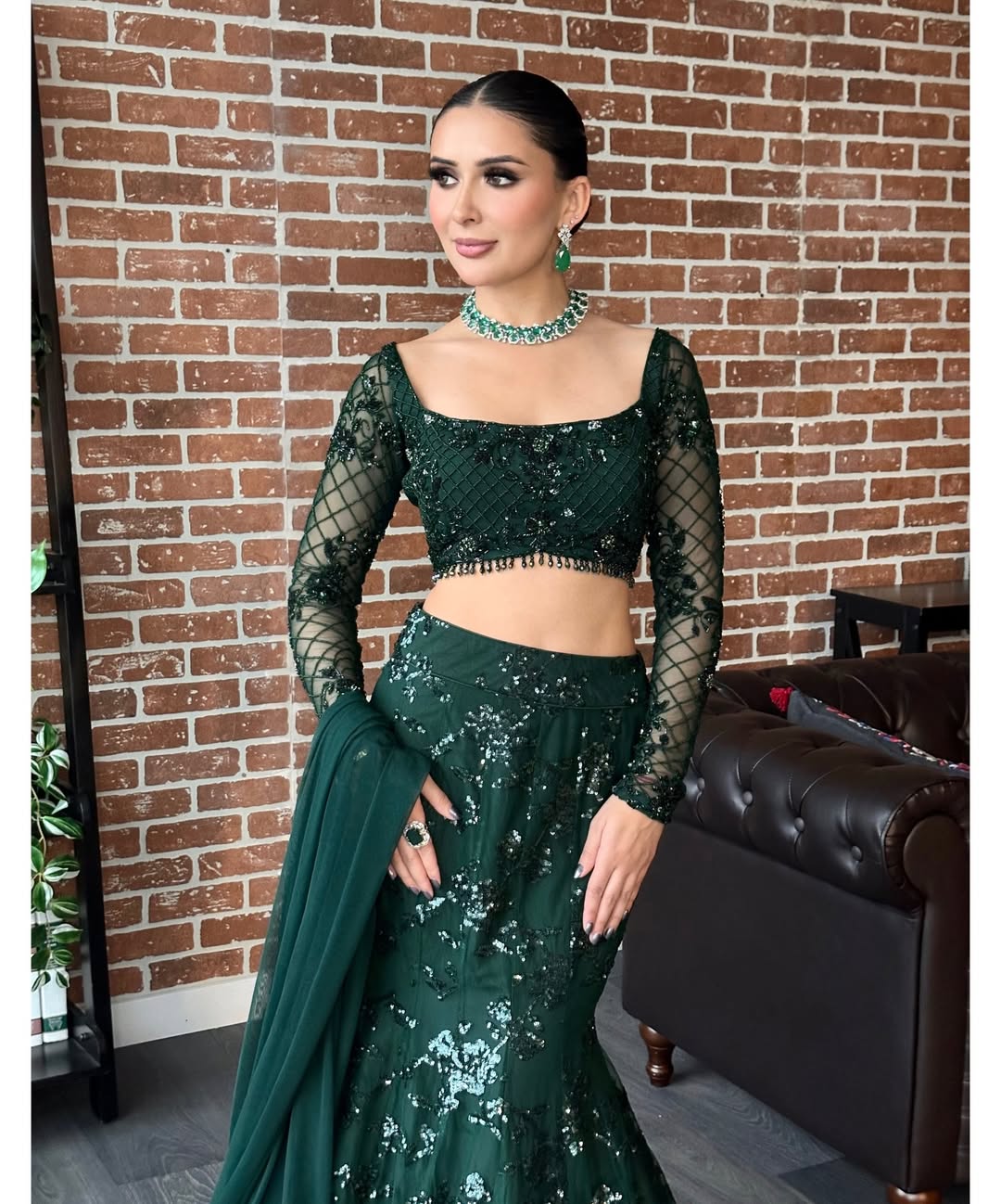 Party Wear 90s Retro Bollywood Style Fish Cut Green Sequin Net Lehenga Choli For Women