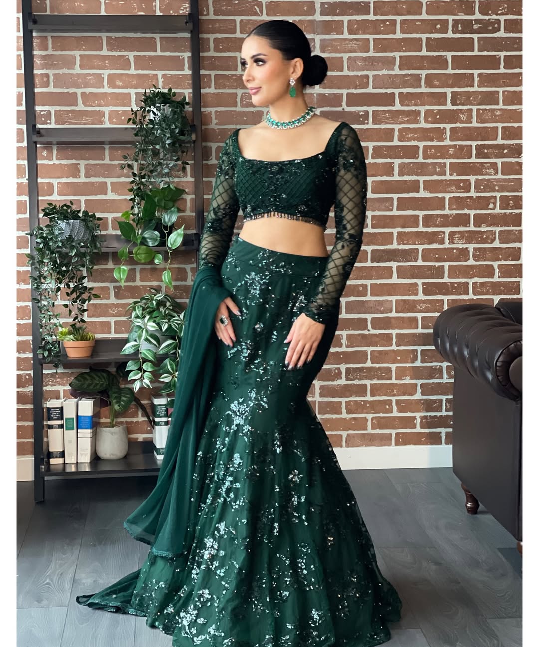 Party Wear 90s Retro Bollywood Style Fish Cut Green Sequin Net Lehenga Choli For Women