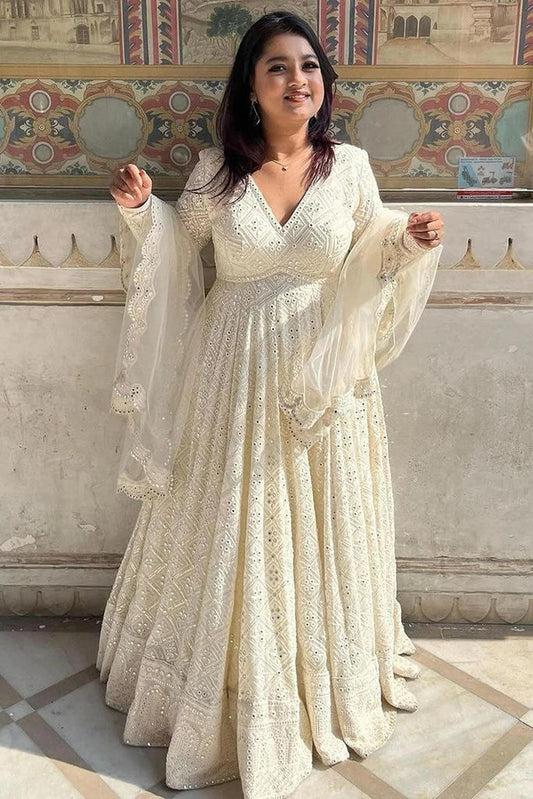 Off-White Soft Georgette Anarkali Gown – Festive Wear