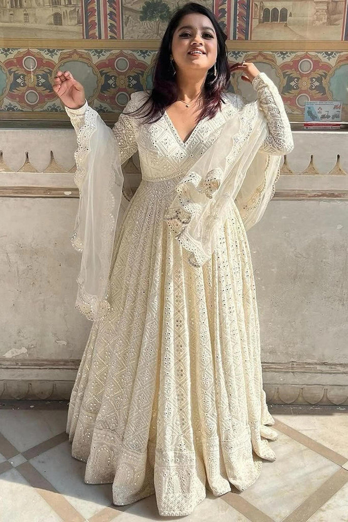 slim fit dress slacks Off-White Soft Georgette Anarkali Gown – Festive Wear – INDIAN ELEGANCE