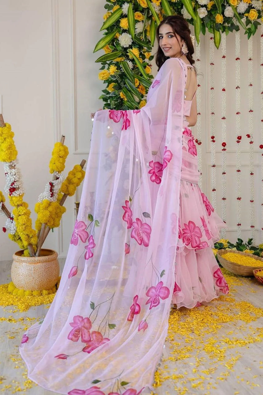 Pink Floral Faux Georgette Ready-to-Wear Saree with Frill Pallu for Women
