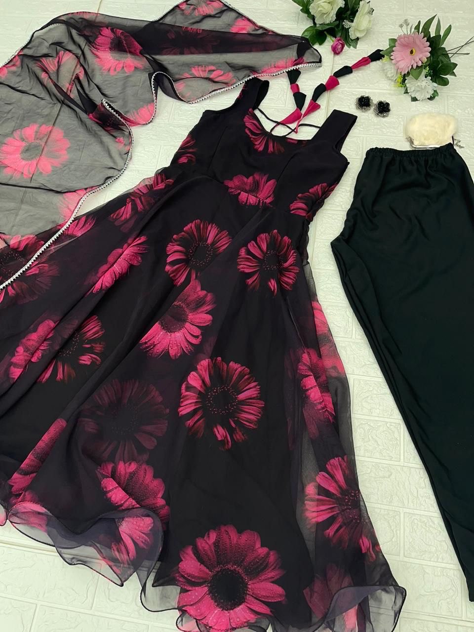 Mesmerizing Black Georgette Silk Floral Anarkali Pant Suit - INDIAN ELEGANCE