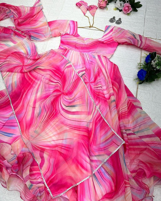 Fetching Pink Organza Silk Digital Printed Fully Stitched Gown With Dupatta - INDIAN ELEGANCE