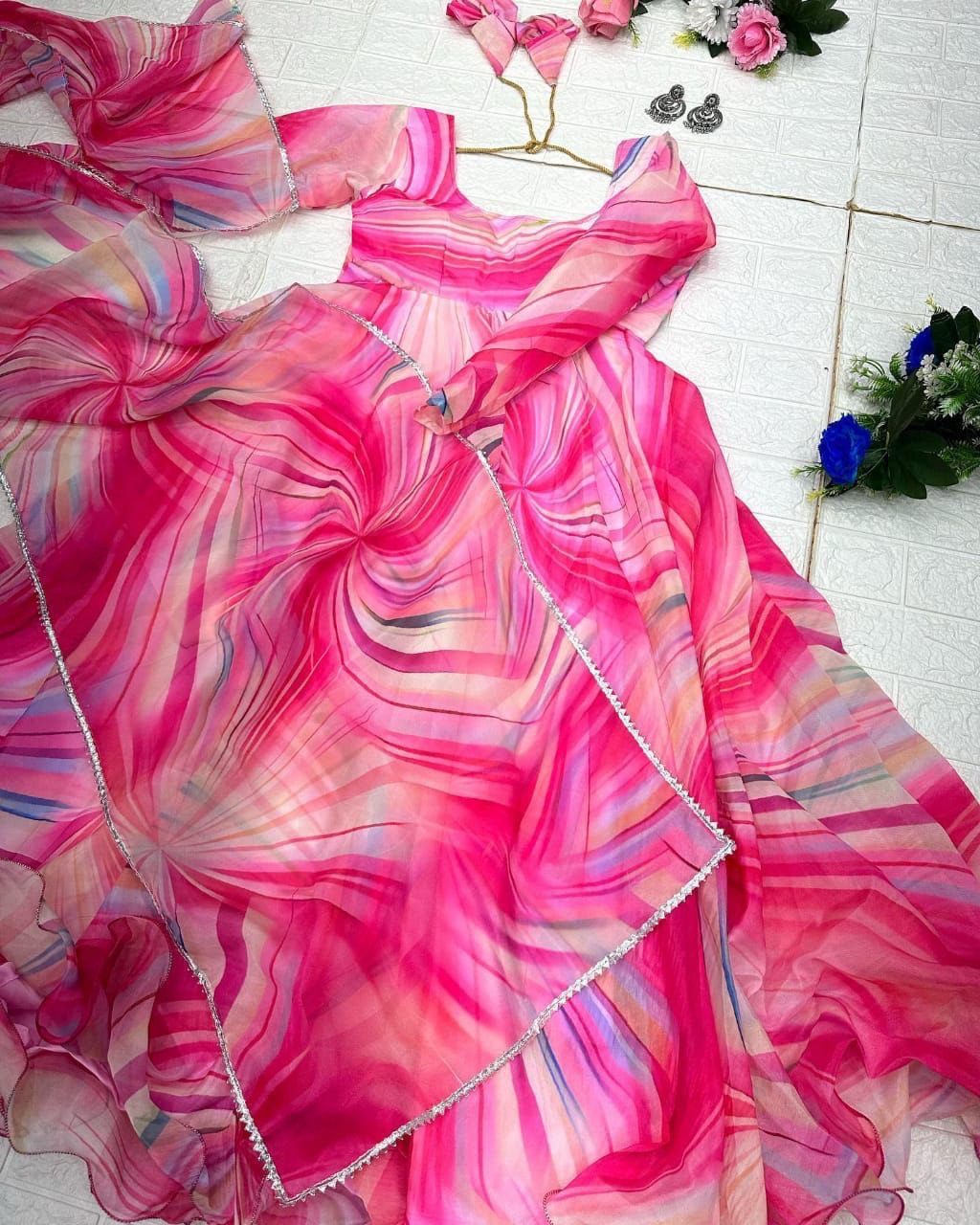 Fetching Pink Organza Silk Digital Printed Fully Stitched Gown With Dupatta - INDIAN ELEGANCE