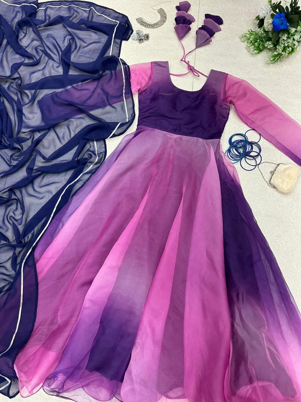 Bewitching Organza Silk Digital Printed Stitched Gown With Dupatta - INDIAN ELEGANCE