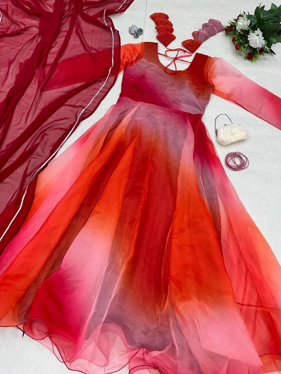 Bewitching Organza Silk Digital Printed Stitched Gown With Dupatta - INDIAN ELEGANCE