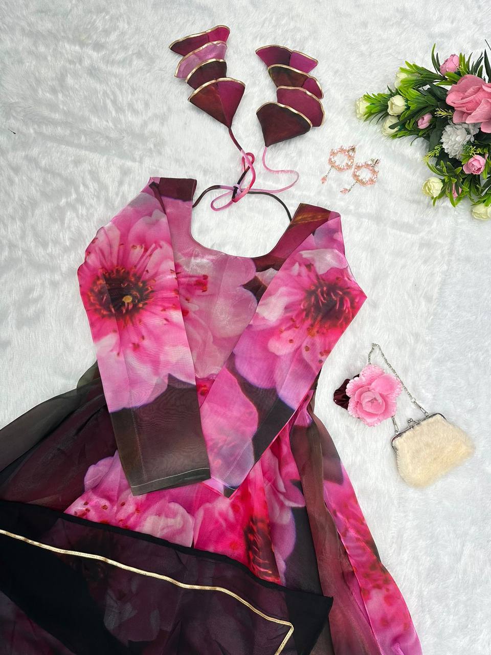 Radiant Pink Organza Silk Digital Printed Fully Stitched Gown With Dupatta - INDIAN ELEGANCE