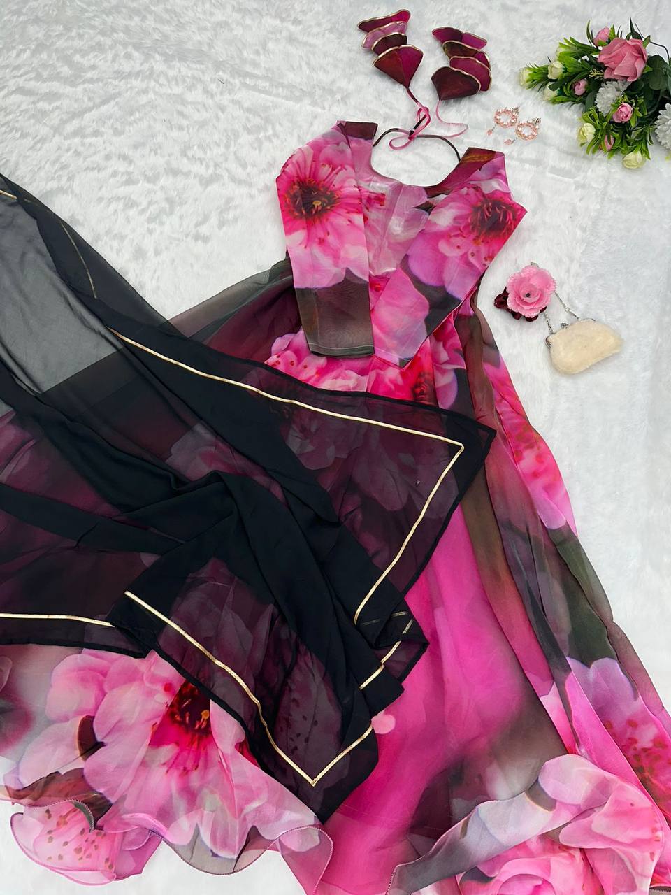 Radiant Pink Organza Silk Digital Printed Fully Stitched Gown With Dupatta - INDIAN ELEGANCE