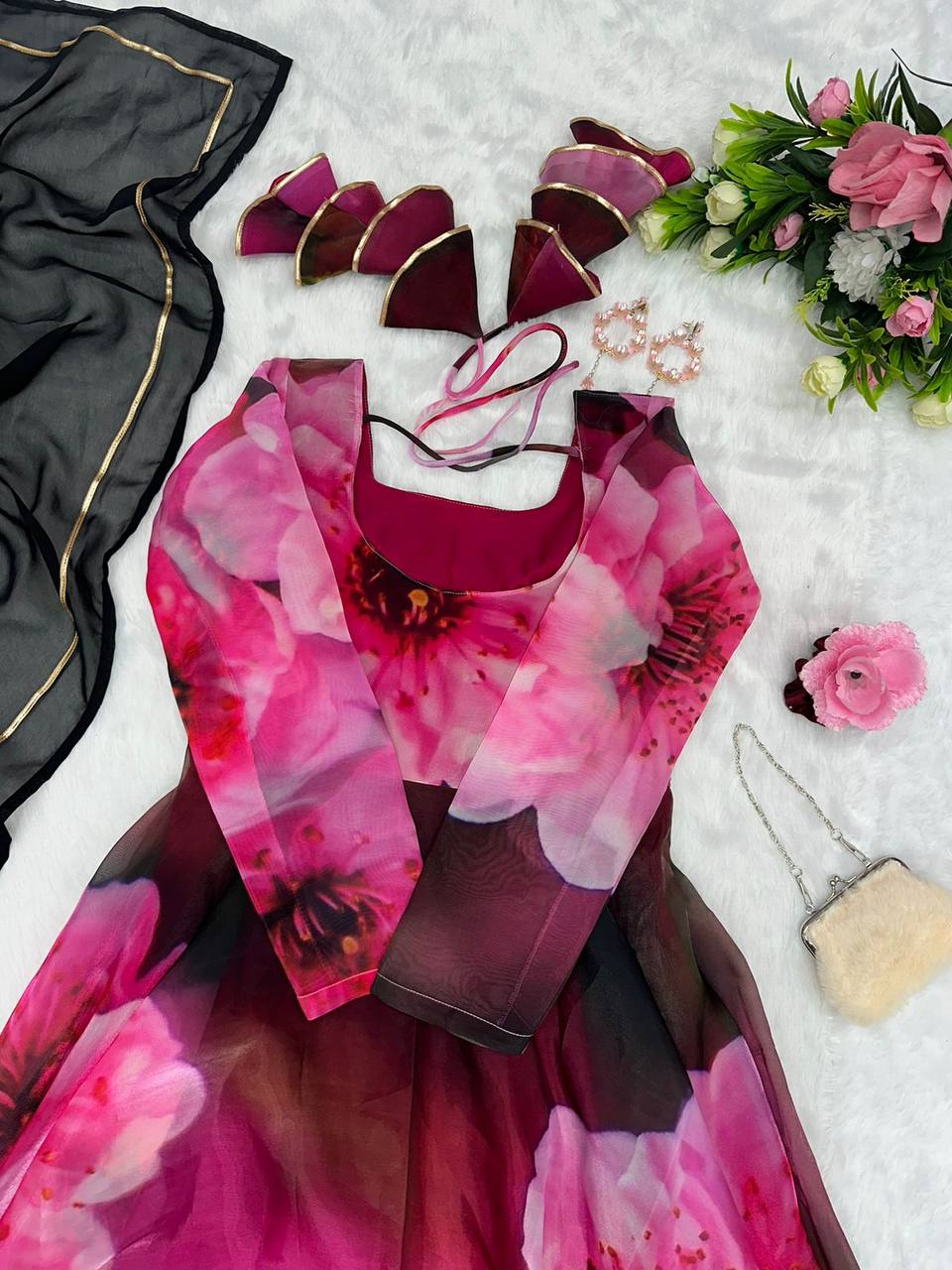 Radiant Pink Organza Silk Digital Printed Fully Stitched Gown With Dupatta - INDIAN ELEGANCE