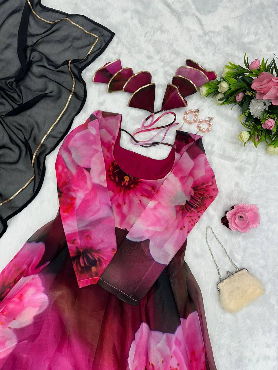 Radiant Pink Organza Silk Digital Printed Fully Stitched Gown With Dupatta - INDIAN ELEGANCE