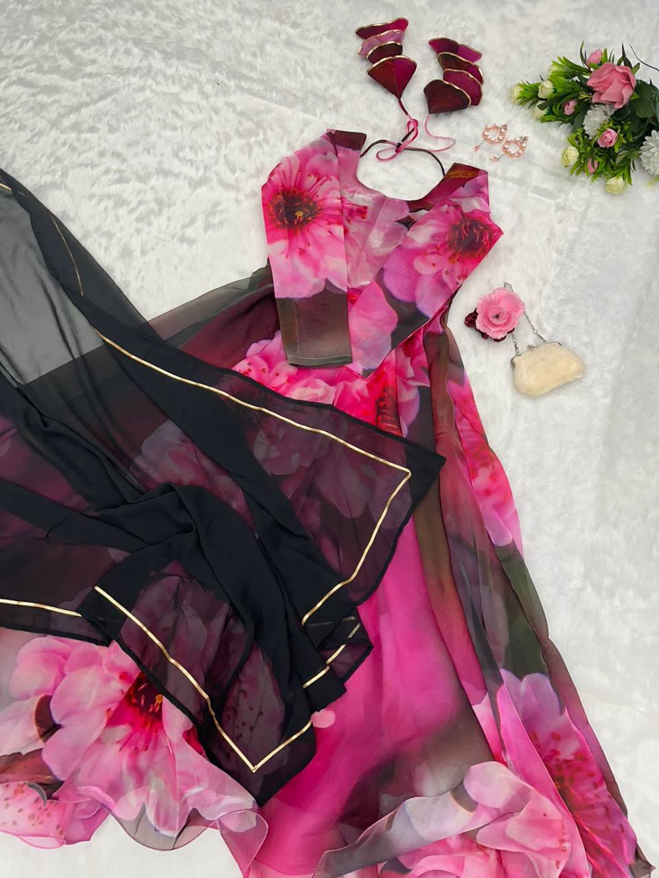 Radiant Pink Organza Silk Digital Printed Fully Stitched Gown With Dupatta - INDIAN ELEGANCE