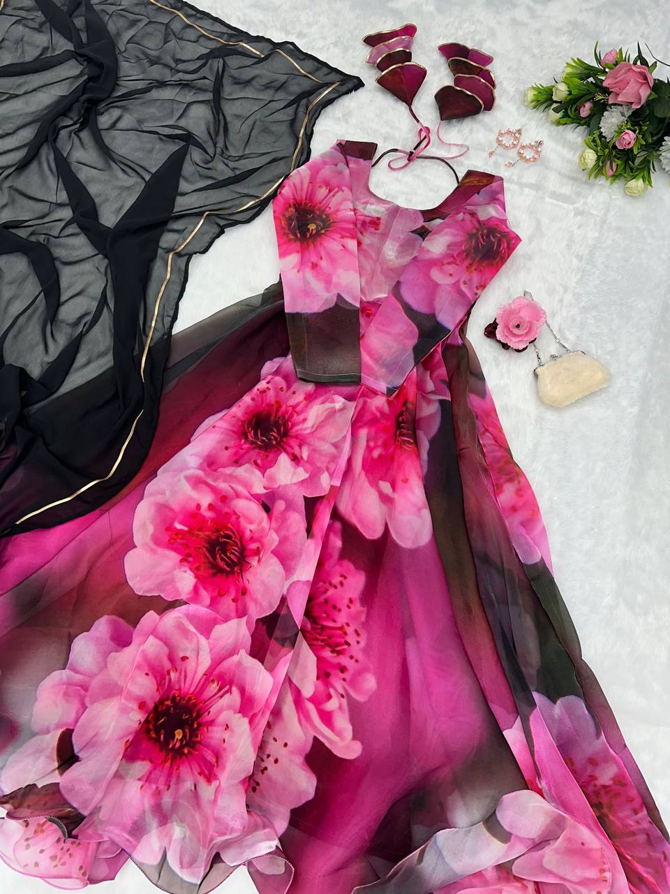 Radiant Pink Organza Silk Digital Printed Fully Stitched Gown With Dupatta - INDIAN ELEGANCE