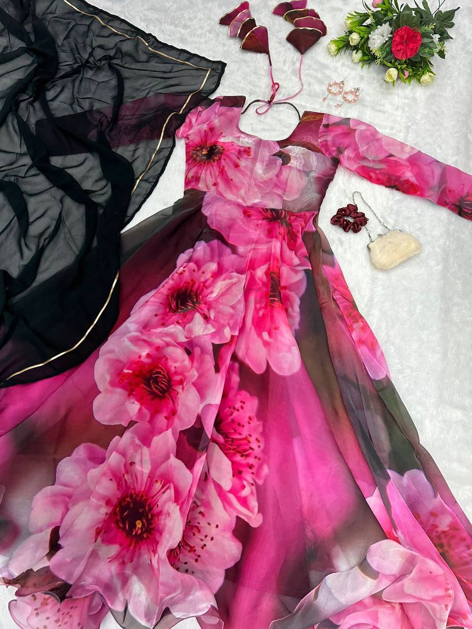 Radiant Pink Organza Silk Digital Printed Fully Stitched Gown With Dupatta - INDIAN ELEGANCE