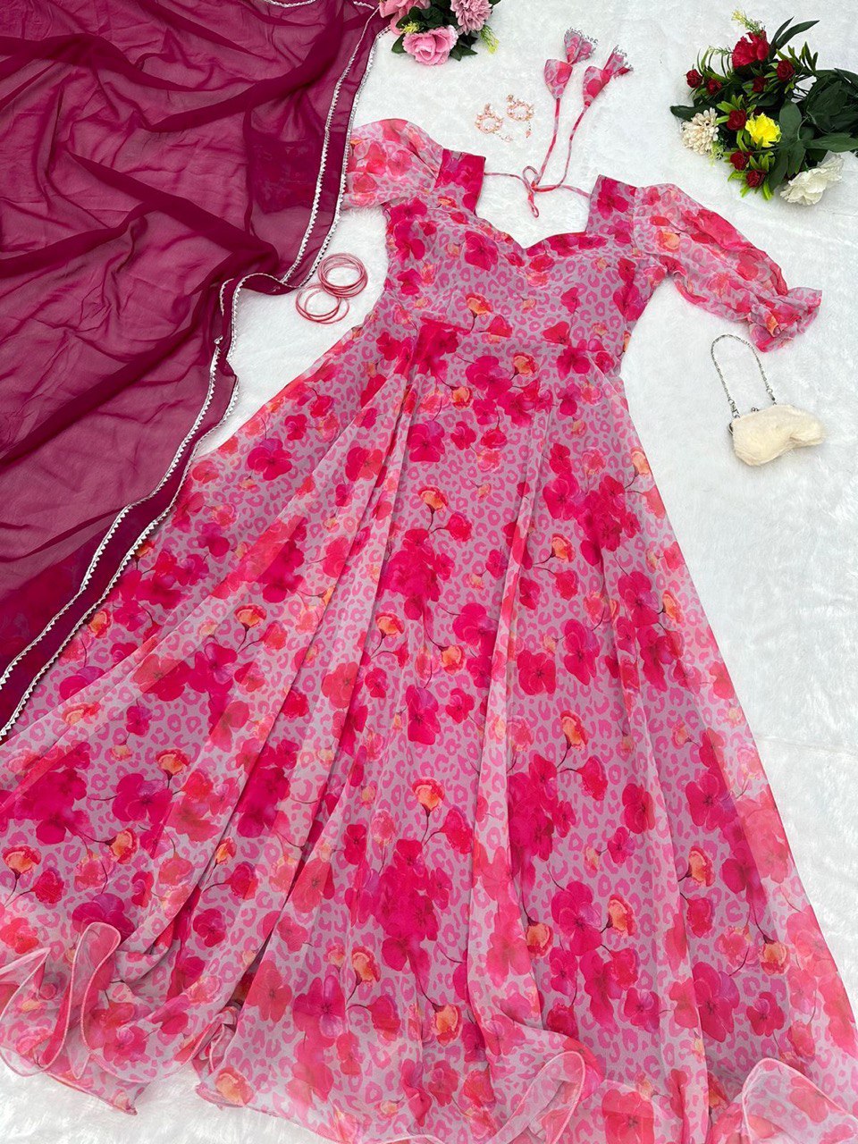 Captivating Pink Georgette Fully Stitched Plain Gown With Floral Dupatta - INDIAN ELEGANCE
