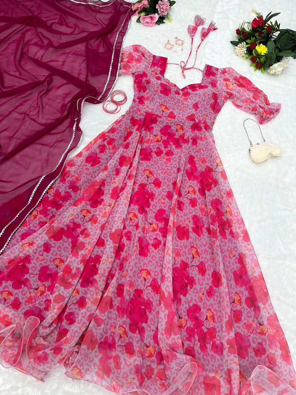 Captivating Pink Georgette Fully Stitched Plain Gown With Floral Dupatta - INDIAN ELEGANCE