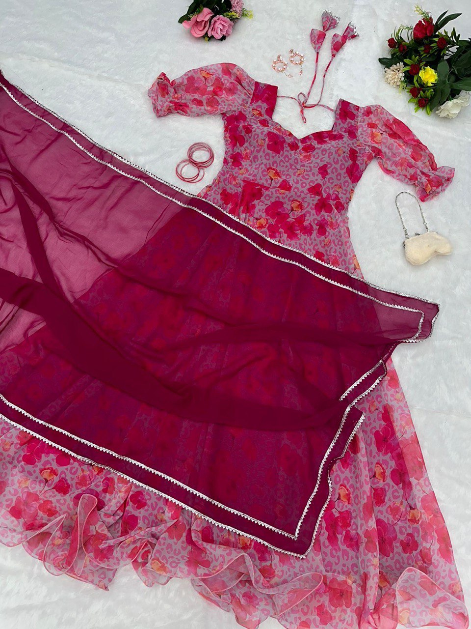 Captivating Pink Georgette Fully Stitched Plain Gown With Floral Dupatta - INDIAN ELEGANCE