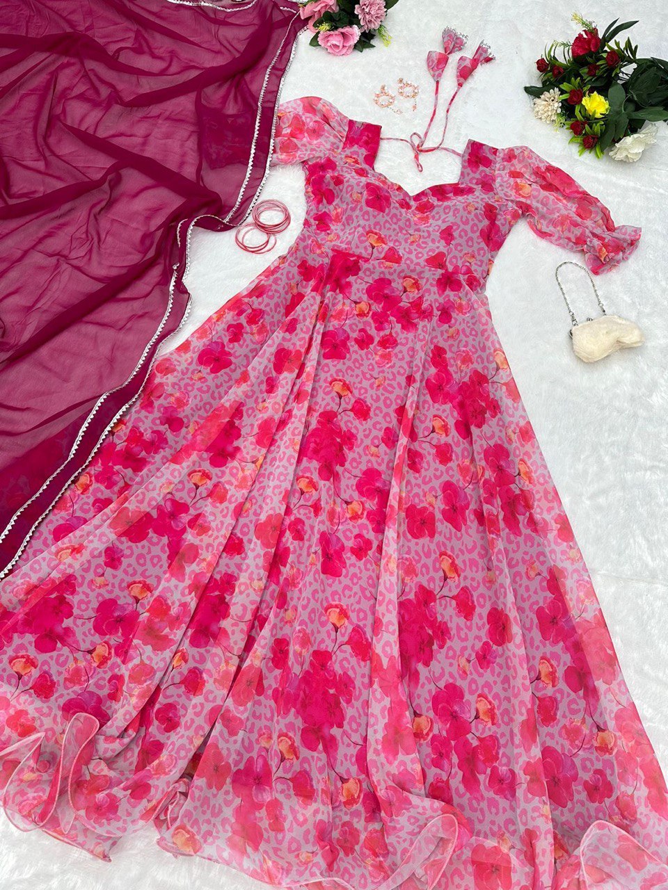 Captivating Pink Georgette Fully Stitched Plain Gown With Floral Dupatta - INDIAN ELEGANCE