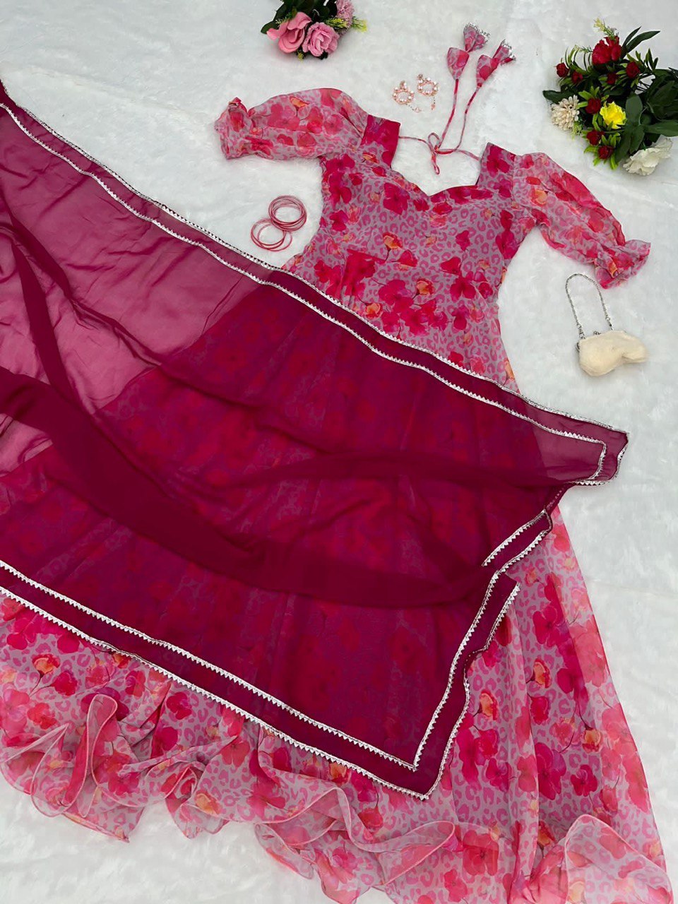 Captivating Pink Georgette Fully Stitched Plain Gown With Floral Dupatta - INDIAN ELEGANCE