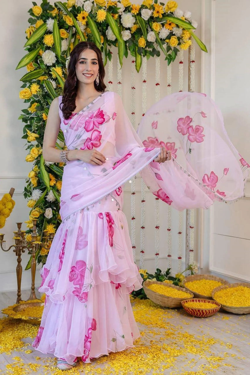 Pink Floral Faux Georgette Ready-to-Wear Saree with Frill Pallu for Women