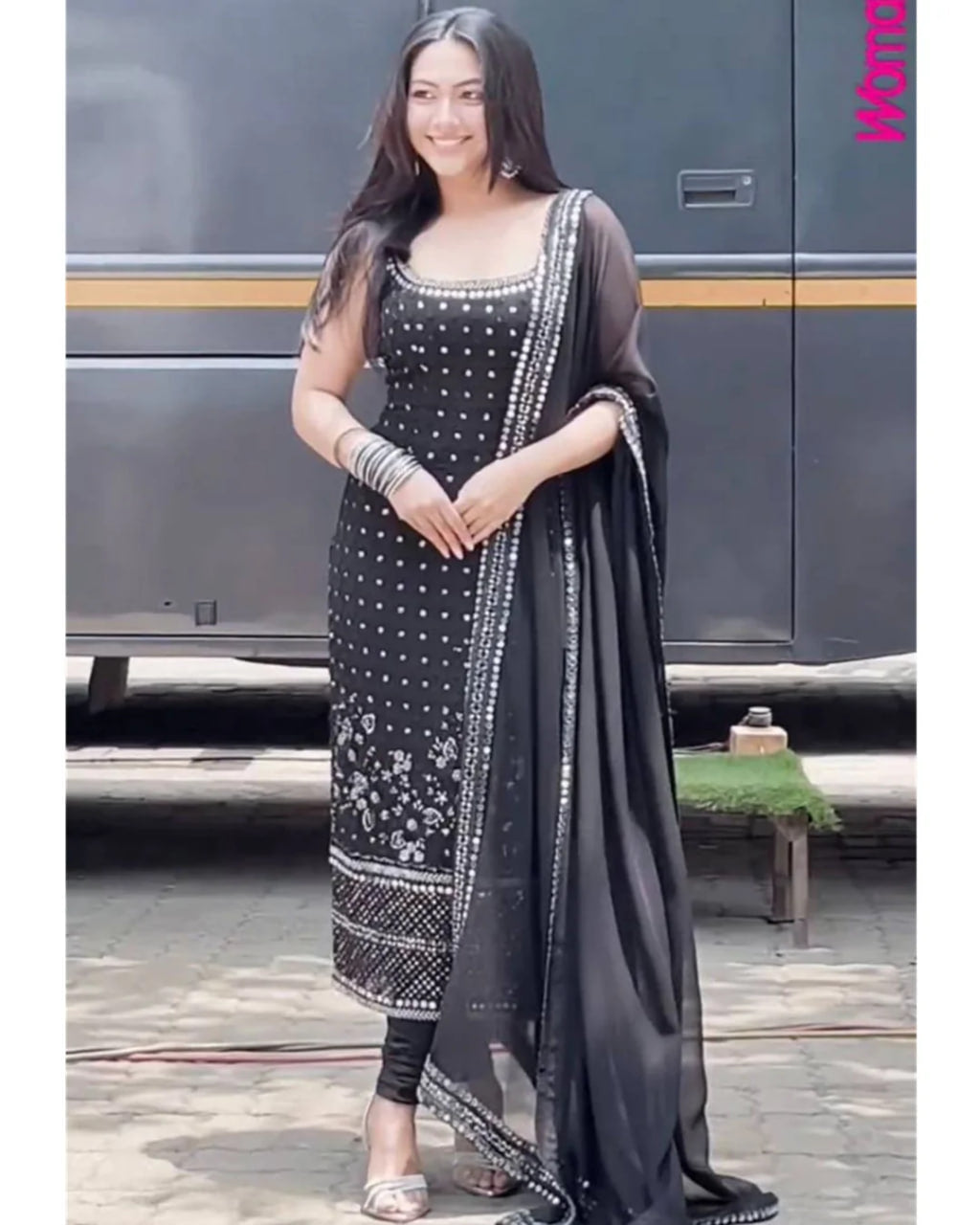 Black Straight Suit Set With Embroidered Elegance With Mirror Work